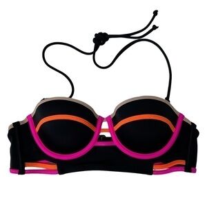 Victoria’s Secret Bikini Top 34A Black Neon Pink Orange Padded Push Up